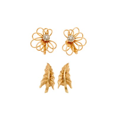 Lot 1193 - Pair of Gold and Diamond Earclips and Leaf Earclips