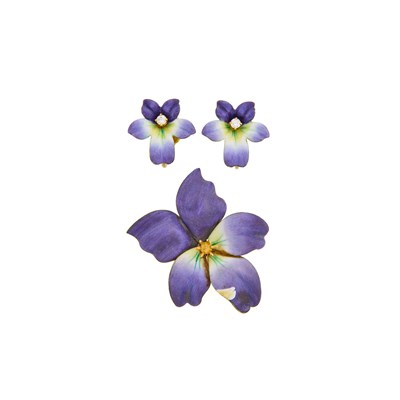 Lot 1196 - Pair of Antique Gold, Enamel and Pansy Earclips and Brooch
