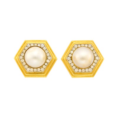 Lot 2015 - Emis Pair of Gold, Mabé Pearl and Diamond Earclips
