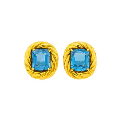 Lot 1196 - Pair of Gold and Blue Topaz Earclips