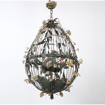 Lot 254 - French Porcelain Mounted Tôle Peinte Birdcage Chandelier