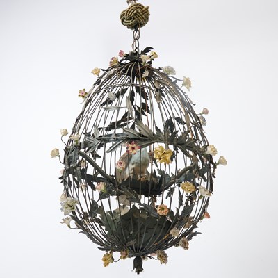 Lot 254 - French Porcelain Mounted Tôle Peinte Birdcage Chandelier