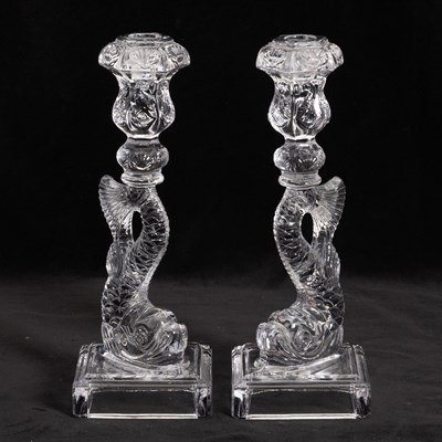Lot 116 - Pair of Pressed Glass Dolphin-Form Candlesticks