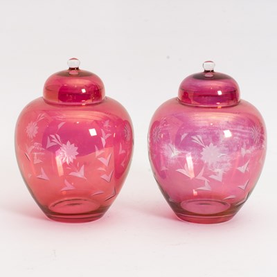 Lot 334 - Pair of Etched Cranberry Glass Lidded Jars