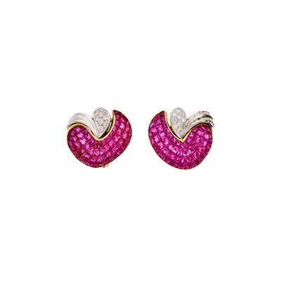 Lot 2103 - Pair of Two-Color Gold, Invisibly-Set Ruby and Diamond Earrings