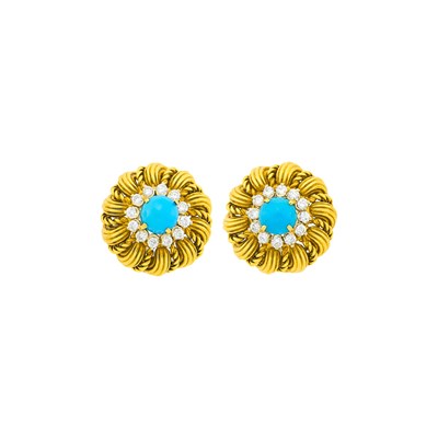 Lot 142 - Cartier Pair of Gold, Turquoise and Diamond Earclips