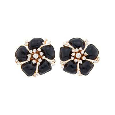 Lot 106 - Pair of Rose Gold, Black Enamel and Diamond Flower Earclips