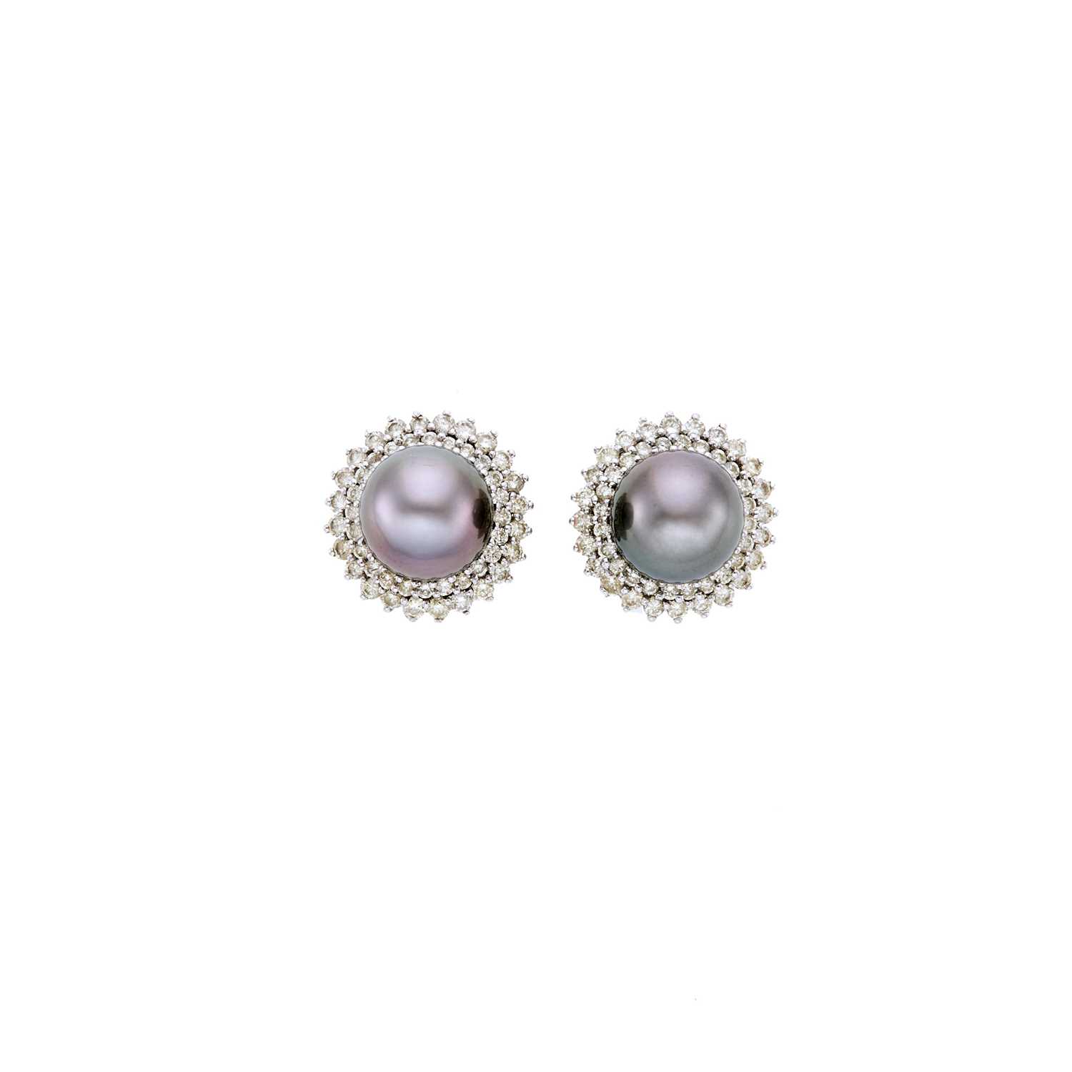 Lot 2257 - Pair of White Gold, Tahitian Gray Cultured Pearl and Diamond Earclips