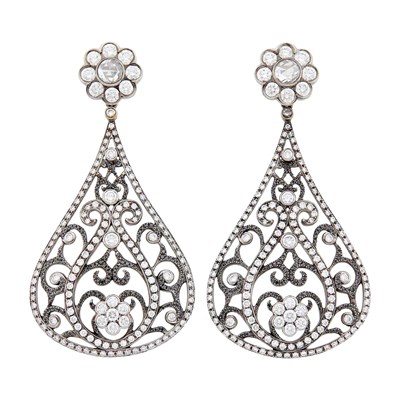 Lot 151 - Pair of Blackened Gold and Diamond Pendant-Earrings