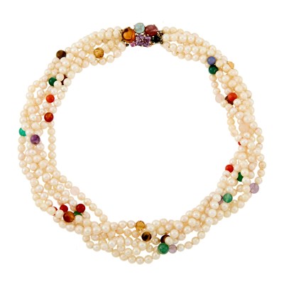 Lot 2023 - Six Strand Cultured Pearl and Colored Stone Bead Torsade Necklace with Gold and Colored Stone Clasp