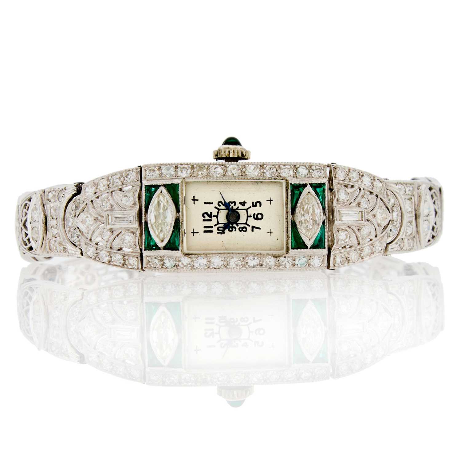 Lot 2139 - Lady's White Gold, Platinum, Diamond and Green Glass Wristwatch