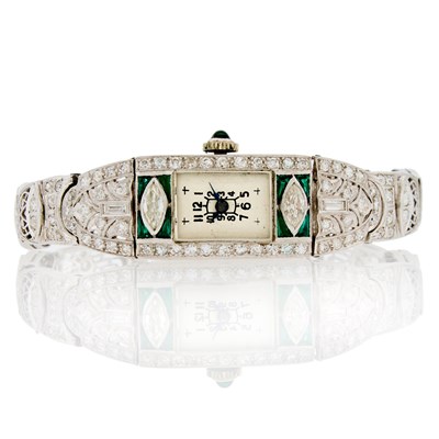 Lot 2139 - Lady's White Gold, Platinum, Diamond and Green Glass Wristwatch