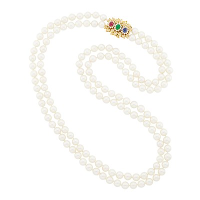 Lot 101 - Long Cultured Pearl Necklace with Gold, Cabochon Gem-Set and Diamond Clasp