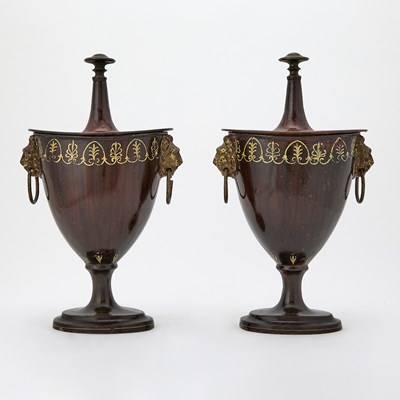 Lot 625 - Pair of Regency Faux Wood Tole Urns and Covers