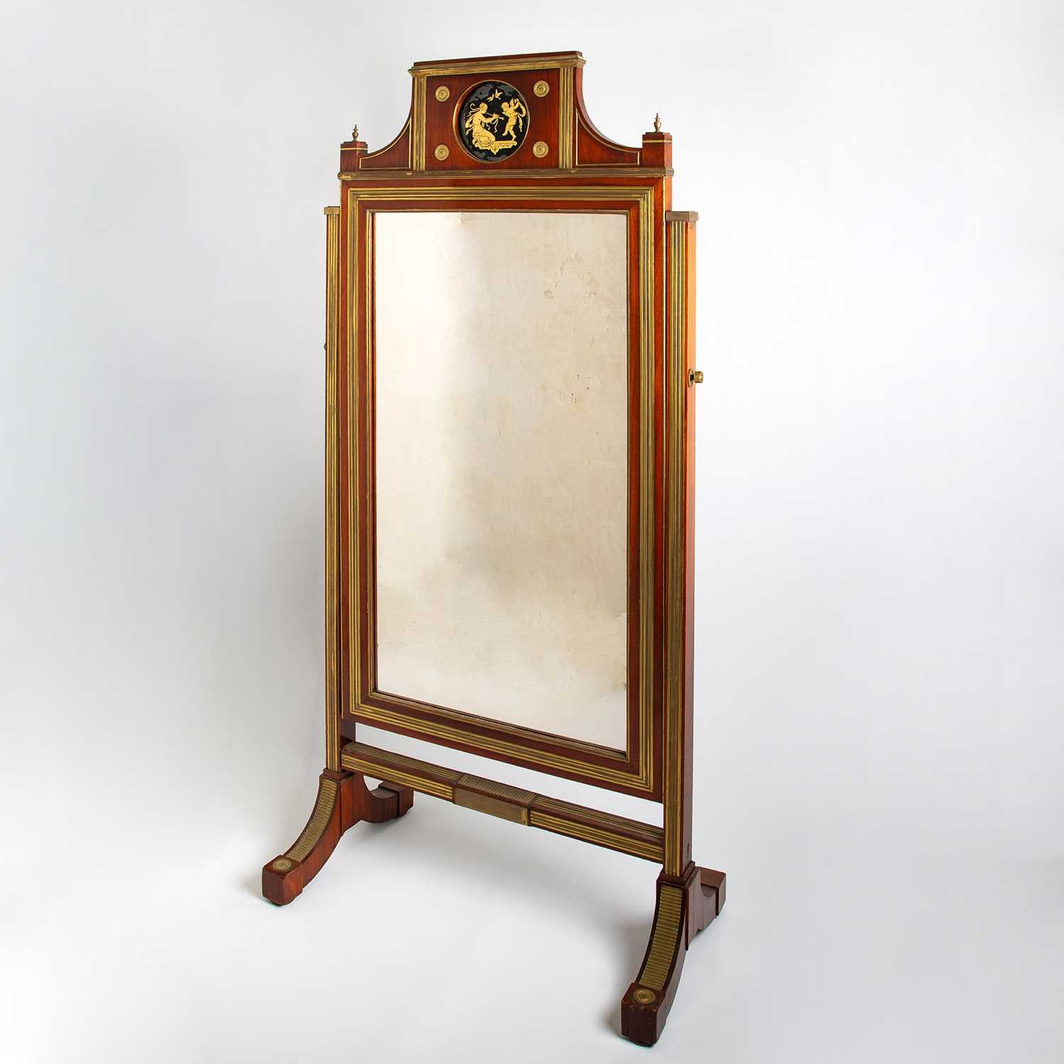 Lot Imperial Russian Brass-Inlaid Mahogany and Verre Églomise Cheval Mirror