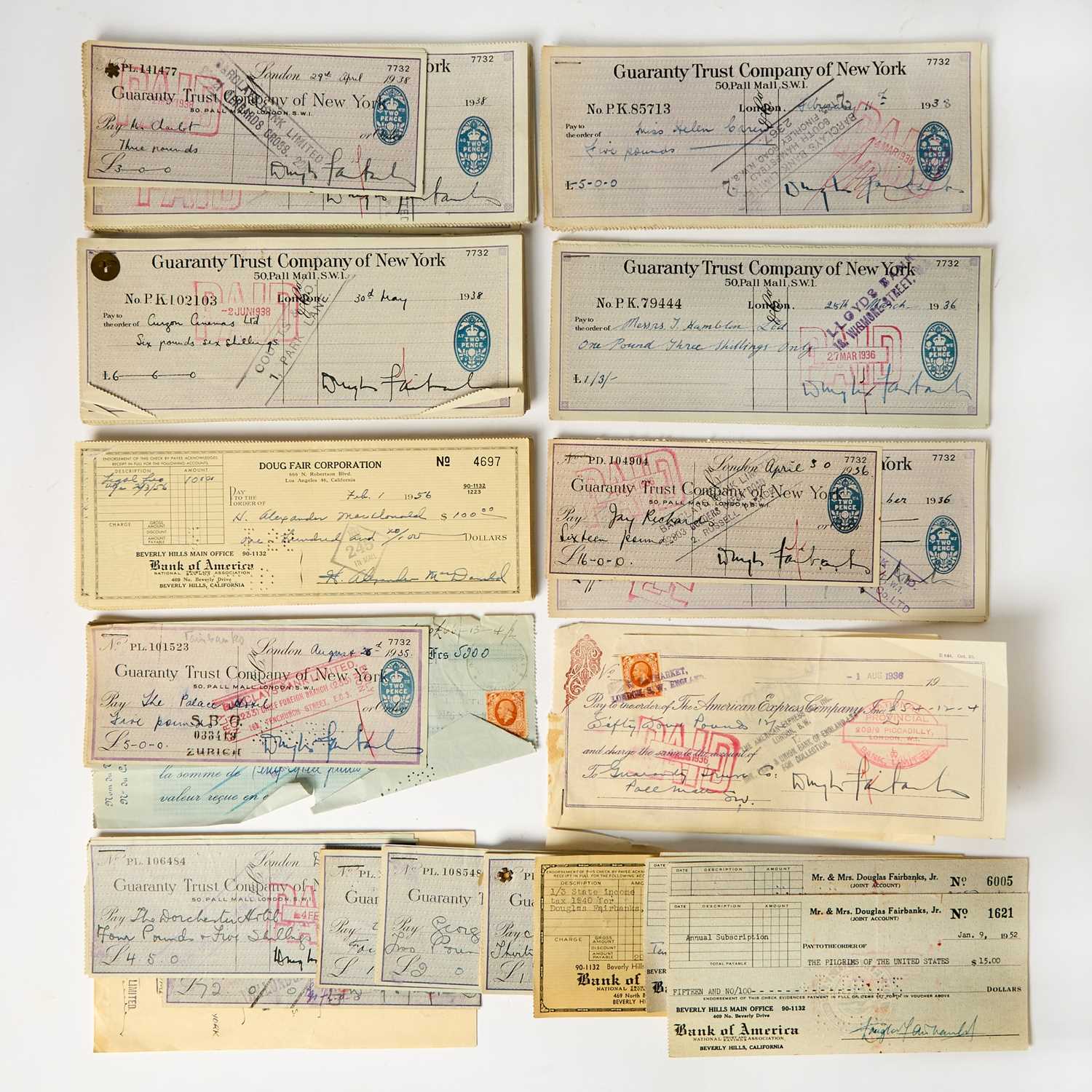 Lot A group of checks signed by Douglas Fairbanks, Sr.