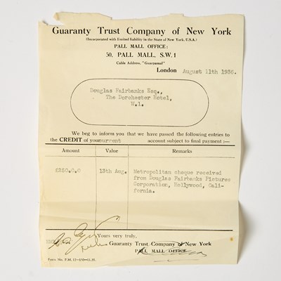 Lot A group of checks signed by Douglas Fairbanks, Sr.
