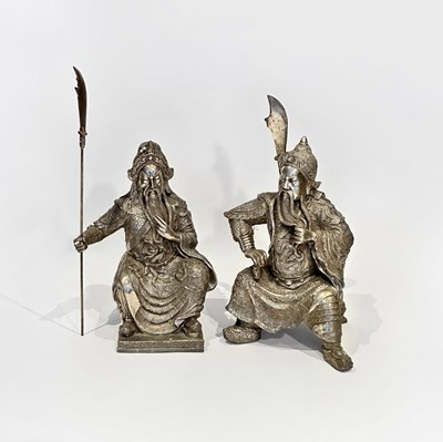 Lot 1111 - Pair of Silvered White Metal Figural Sculptures of Warriors