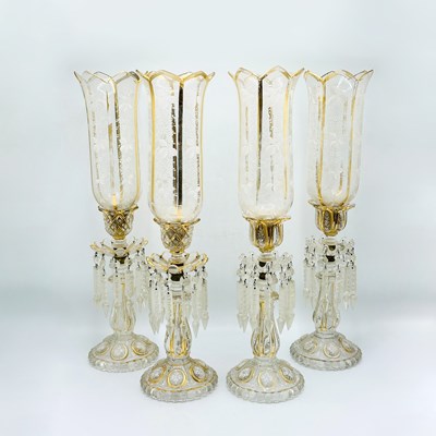 Lot 1186 - Two Pairs of Victorian Gilt and Etched Glass Lustres