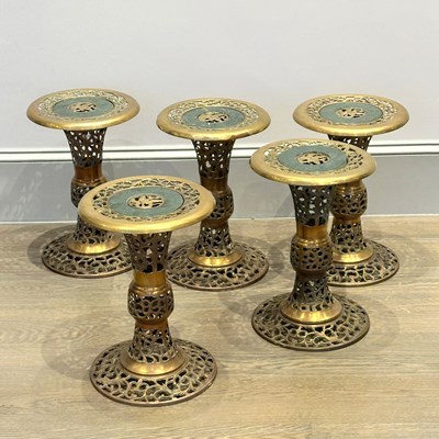 Lot 1124 - Group of Five Reticulated Brass and Hardstone Plant Stands