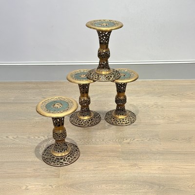 Lot 1125 - Group of Four Reticulated Brass and Hardstone Plant Stands