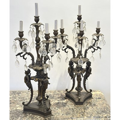 Lot 1156 - Pair of Louis XV Style Five Light Bronze and Crystal Candelabra