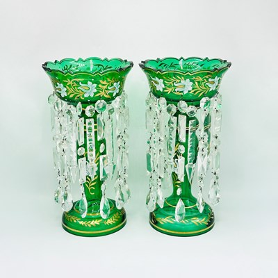 Lot 1139 - Pair of Parcel Gilt and Enameled Green Glass Lustres