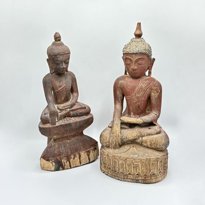 Lot 1078 - Two Burmese Red Painted Carved Wood Figures of Buddha