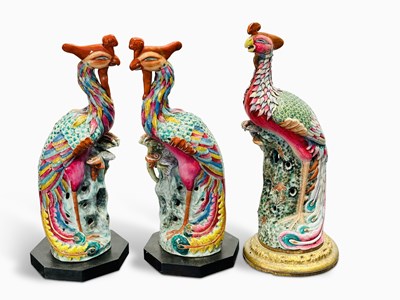 Lot 1182 - Pair of Famille Rose Enameled Porcelain Exotic Bird-form Lamps