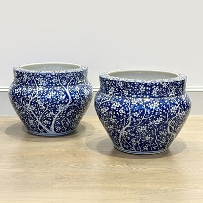 Lot 1121 - Pair of Chinese Blue and White Glazed Porcelain Jardinieres