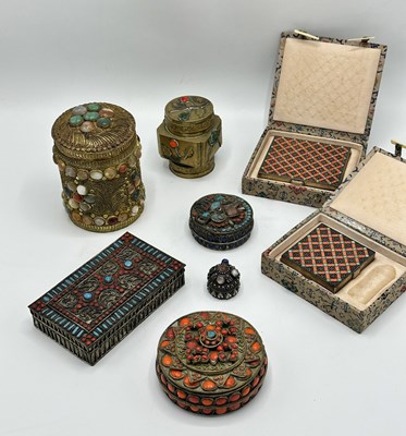 Lot 1102 - Group of Asian Silvered, Filigree, and Hardstone Inset Boxes and Articles