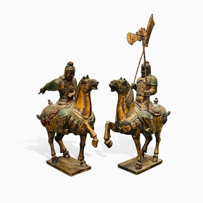 Lot 1114 - Two Painted and Giltwood Figures of Warriors on Horseback