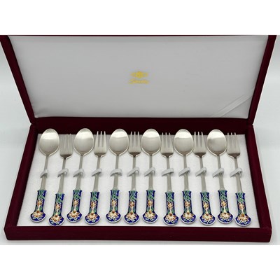 Lot 1220 - Cased Set of Korean Enameled Sterling Silver Spoons and Forks