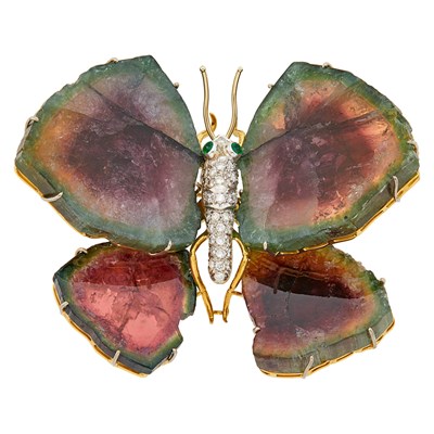 Lot 1036 - Two-Color Gold, Watermelon Tourmaline and Diamond Butterfly Clip-Brooch