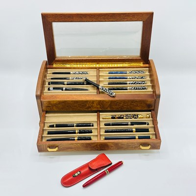 Lot 1241 - Group of Writing Instruments in an Angresti Burlwood and Walnut Fitted Display Case