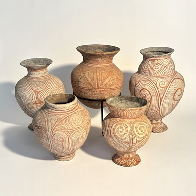 Lot 1087 - Five Thai Ban Chiang Bichrome Pottery Vessels
