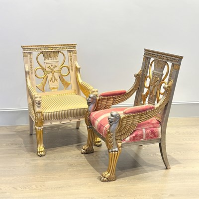 Lot 1183 - Two Empire Style Painted and Parcel Gilt Wood Armchairs