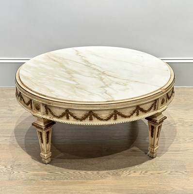 Lot 1144 - Louis XVI Style White Painted and Parcel Gilt Marble Top Low Table