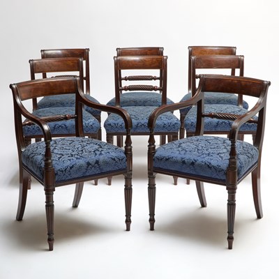 Lot 492 - Set of Eight Regency Ebony Inlaid Mahogany Dining Chairs