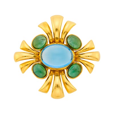 Lot 66 - Verdura Gold, Cabochon Blue Topaz and Tourmaline 'Cabana' Clip-Brooch