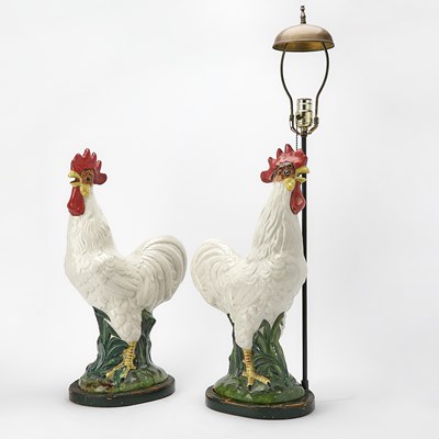Lot 259 - Pair of Large Continental Polychrome Faience Figures of Roosters