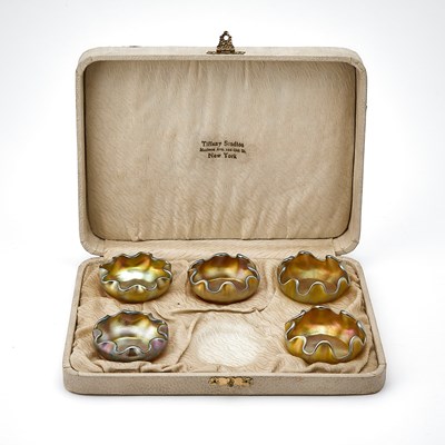 Lot 240 - Set of Five Tiffany Gold Favrile Glass Salt Cellars in Original Tiffany Studios Case