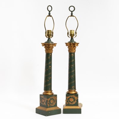 Lot 26 - Pair of Painted Tole Colum Form Lamps
