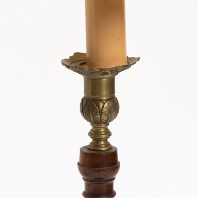 Lot 31 - Pair of George III Style Mahogany Brass Mounted Candlesticks