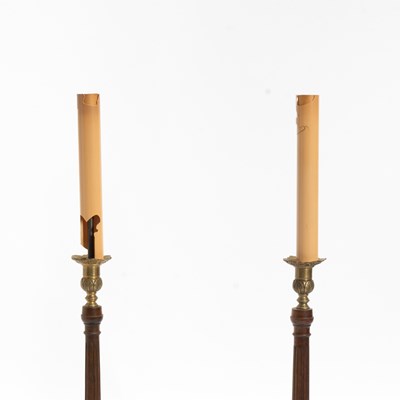 Lot 31 - Pair of George III Style Mahogany Brass Mounted Candlesticks
