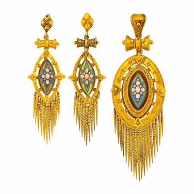 Lot 186 - Archaeological Revival Gold, Coral, Diamond and Blue Enamel Fringe Pendant and Pendant-Earclips