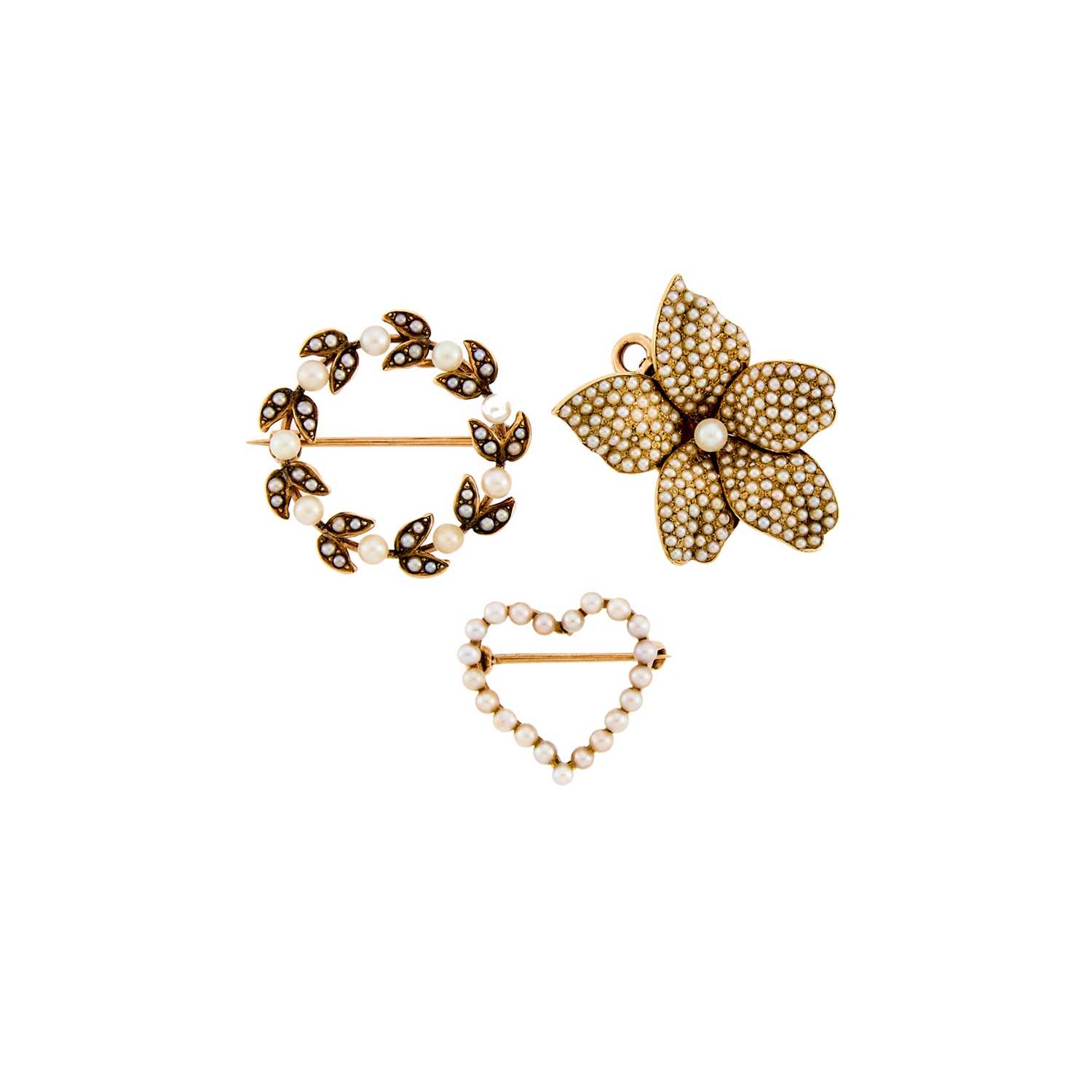 Lot 2201 - Three Antique Gold and Pearl Pins