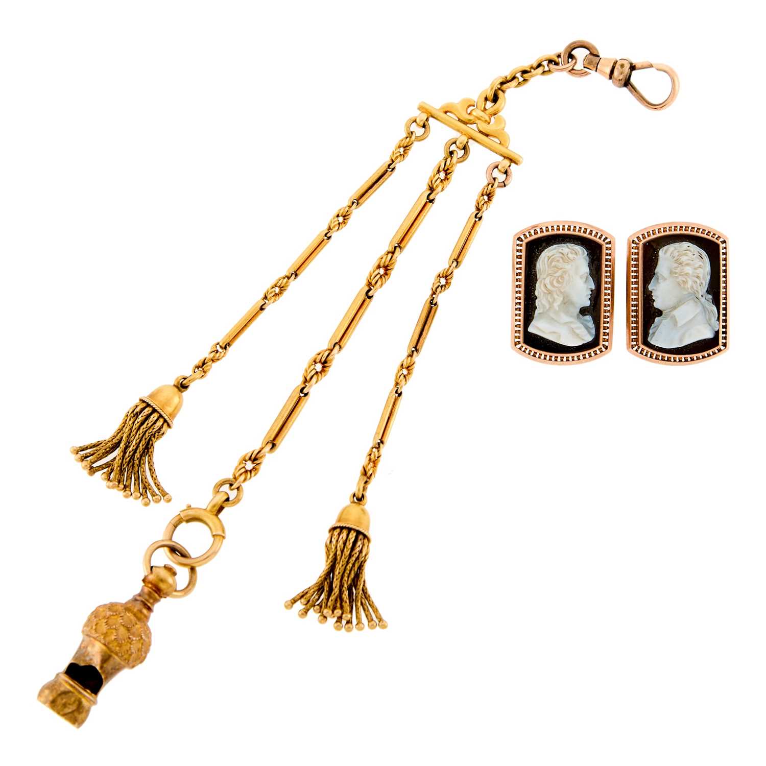 Lot 2202 - Antique Gold Tassel Fob with Low Karat Whistle with Rose Gold and Sardonyx Cameo Cufflinks