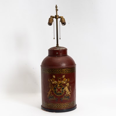 Lot 35 - Red Painted Tole Tea Cannister Form Lamp