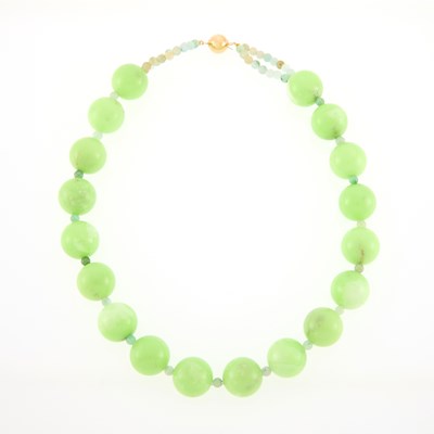 Lot 1052 - Chrysoprase and Multicolored Jade Bead Necklace with Gold Clasp